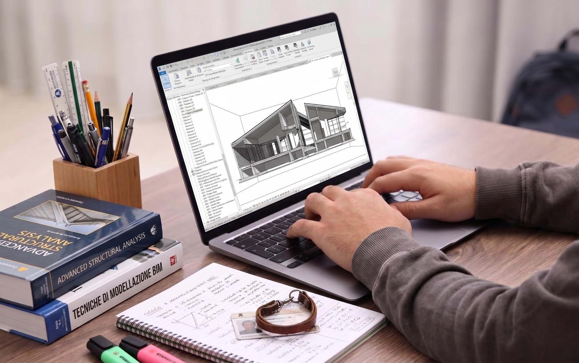 BIM Specialist al lavoro su un modello architettonico 3D con software BIM al computer